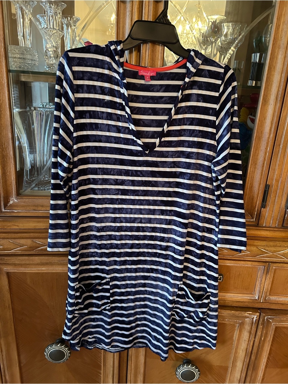 Sandiva Striped Navy & White Hooded Swim Coverup - Women's